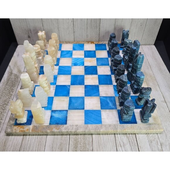 Vtg Aqua Blue White Marble Chess Board Carved Pieces Complete Set 13.5" x 13.5" - Picture 1 of 15